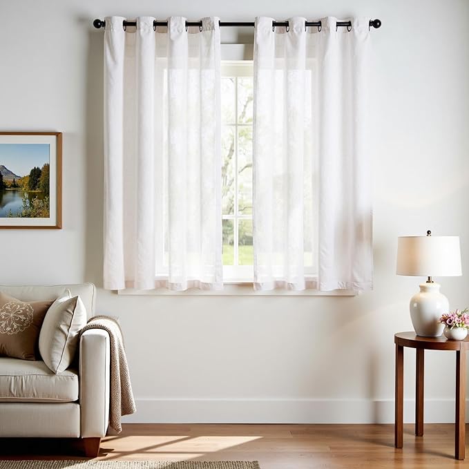 jinchan White Linen Curtains 63 Inch Long for Bedroom Dining Room 2 Panel Set Neutral Farmhouse Semi Sheer Linen Drapes Rustic Grommet Curtains Soft Light Filtering Window Drapes Grommet
