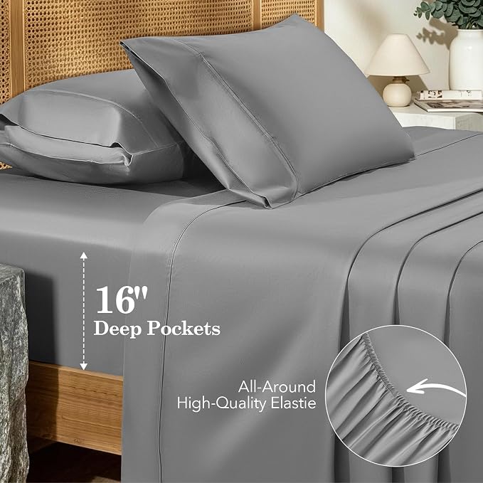 SONORO KATE 100% Organic Cotton Sheets Set - 600 Thread Count, GOTS Certified Cotton Bed Sheets, Soft, Breathable & Silky Sateen Weave Sheets, 16" Deep Pockets - 4 PC (Grey,King)
