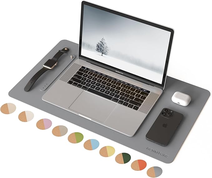 RENMTURE Desk Pad, Cork & PU Leather Desk Mat, Large Mouse pad, Non-Slip Desk Protector and Blotter, Waterproof Writing Pad, Desk Accessories and Organizers for Work(Space Grey, 23.6" x 13.7")