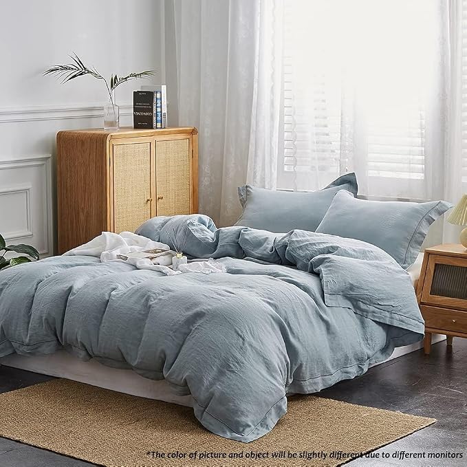 Simple&Opulence 100% Washed Linen Duvet Cover with Embroidered, 2 Pieces Soft Farmhouse Comforter Set with Button Closure,1 Duvet Cover and 1 Pillowsham(Twin,Dusty Blue)
