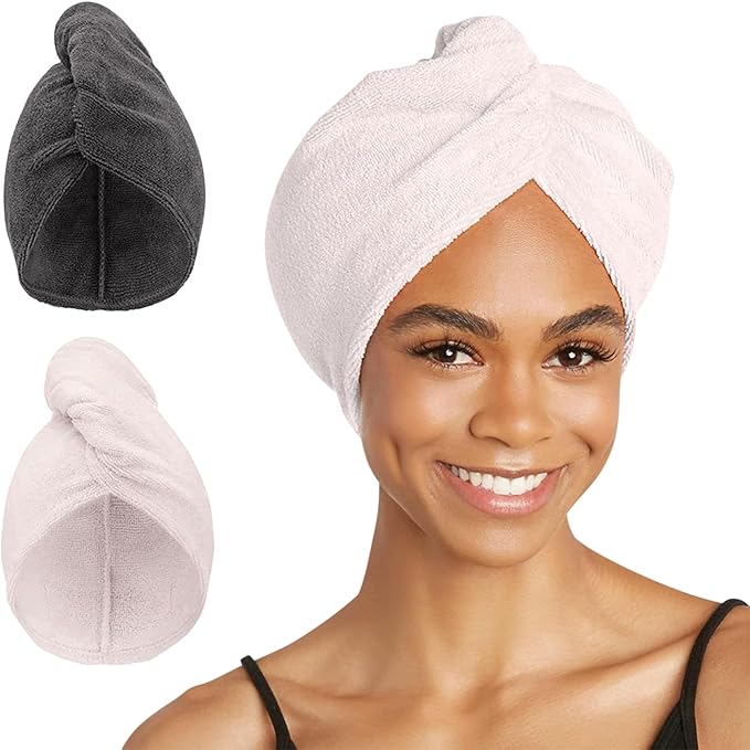Turbie Twist 2-Pack Microfiber Hair Towel for Beauty, Travel, Gifting - Hair Wrap Turban for Straight, Wavy & Curly Hair - Premium Personal Care - Grey & Light Pink