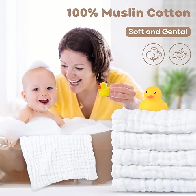 Yoofoss Muslin Baby Washcloths 100% Organic Cotton Face Towels 10 Pack Wash Cloths for Baby 12x12in Soft and Absorbent Baby Wipes (White)