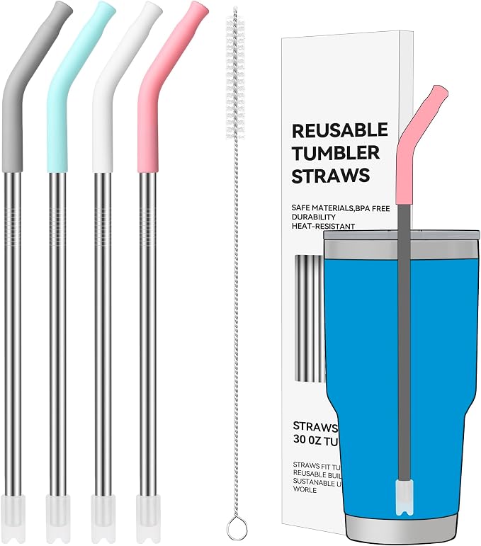 30 oz Straight Metal Straws with Silicone Tip for 30 oz Tumbler | 6 Pcs Stainless Steel Reusable Drinking Metal Straw for YETI, STANLEY, US Acrylio, BJPKPK, Simple Modern and so on