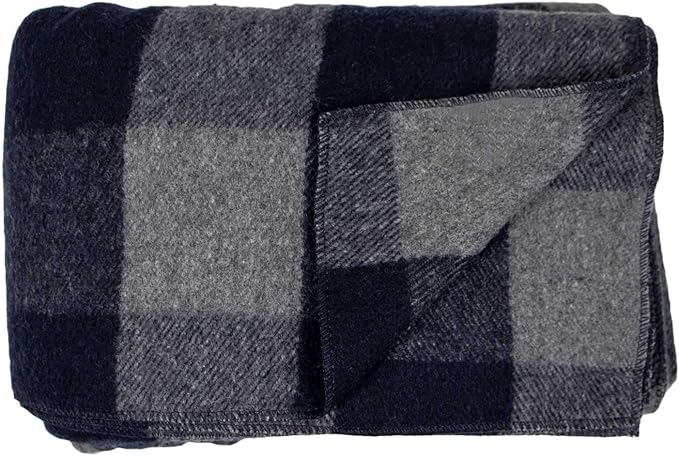 Lodge Twin Blanket - 80% Recycled Wool - Buffalo Plaid - Warm Throw Blanket - Thick - Washable - 65W x 90L - Gray and Blue Plaid
