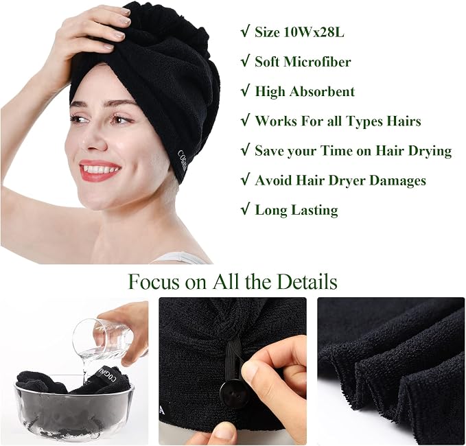 3Pack Microfiber Hair Towels, Wrap for Women(Drying Towel, Turban), Curly Hair - 10Wx28L, Black