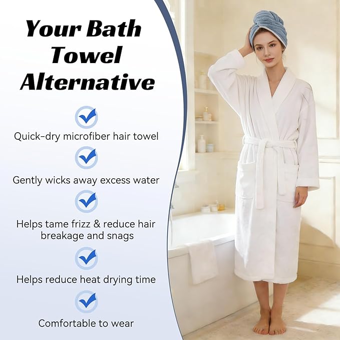 Microfiber Hair Towel Wrap for Women, Soft Lightweight Quick Dry Turban, Drying Hair Towels for Women, Hair Drying Towel with Button for Curly & Long Hair - Blue (Note: This model is ultra-slim.)