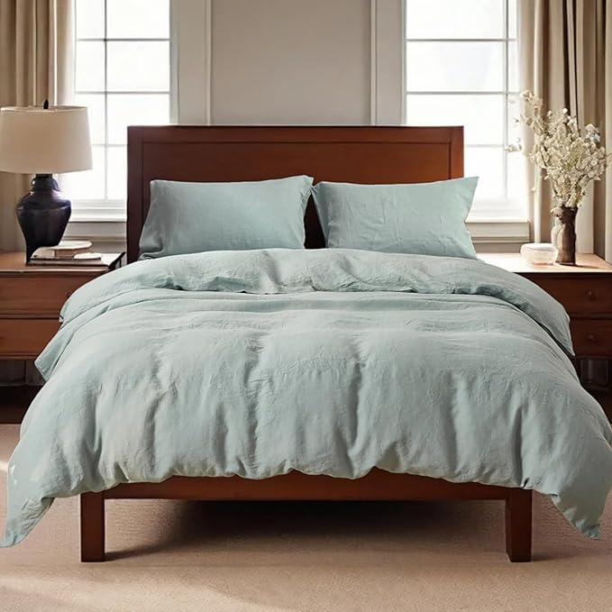 100% Linen Duvet Cover Set, 3 PCS Natural French Flax Dusty Blue Duvet Cover King Size, Breathable Soft Comfy Linen Bedding Comforter Cover with 2 Pillowcases(Dusty Blue, 104" x 92")