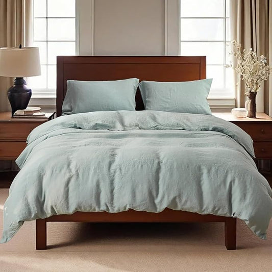 100% Linen Duvet Cover Set, 3 PCS Natural French Flax Dusty Blue Duvet Cover King Size, Breathable Soft Comfy Linen Bedding Comforter Cover with 2 Pillowcases(Dusty Blue, 104" x 92")