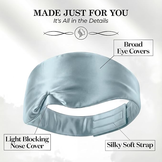 SLEEP SANCTUARY 100% Pure Mulberry Silk Sleep Mask - 22 Momme Light Blocking Hook & Loop Silk Eye Mask for Sleeping - Secure Fit for Side Sleepers, Women & Men - Cloud Soft (Misty Blue)