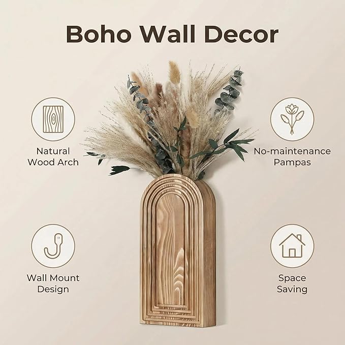 Set of 2 Wooden Wall Vases with Dried Pampas Grass & Eucalyptus, Boho Farmhouse Decor for Living Room, Entryway, Bathroom, Rustic Home Art(Brown)
