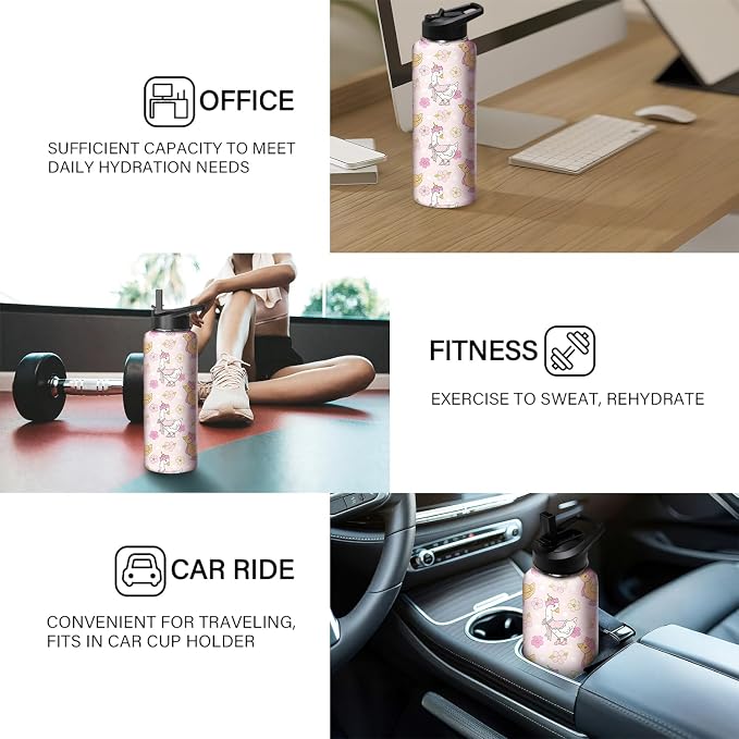40oz Pink Duck Water Bottle with Handle and Flip Straw, Animal Sports Stainless Steel Insulated Cup Travel Coffee Mug Tumbler, Birthday Mothers Day Chritmas Gifts for Women