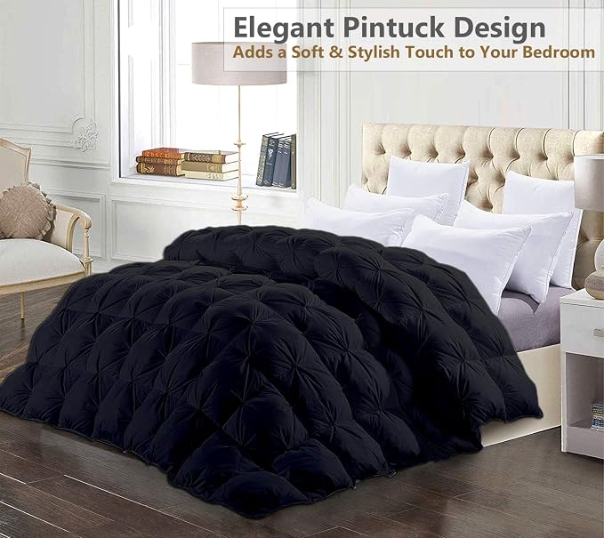 Over King Plus Down Alternative Comforter 128x120 Inch Black – 500 GSM Ultra Soft Breathable, Luxury Pintuck Pinch Pleat, All Season Duvet Insert with Corner Tabs, Machine Washable
