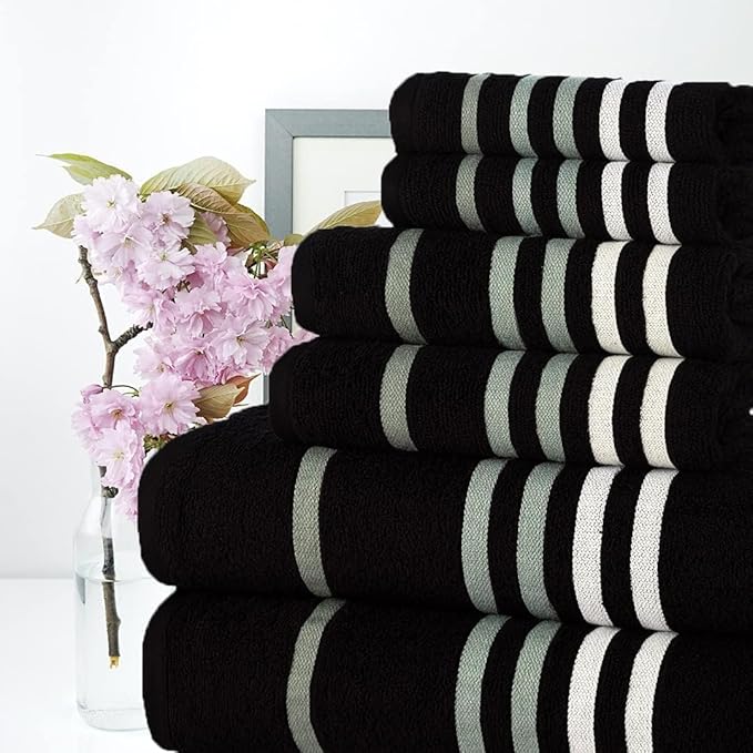 CASA COPENHAGEN Exotic 6Pcs 100% Egyptian Cotton Large Designer Towels Gift Set- Coal-Black, 550GSM, 2Bath 2Hand 2Washcloths, Bath Towels for Bathroom (Box Pack, Gift Set for Women & Men)