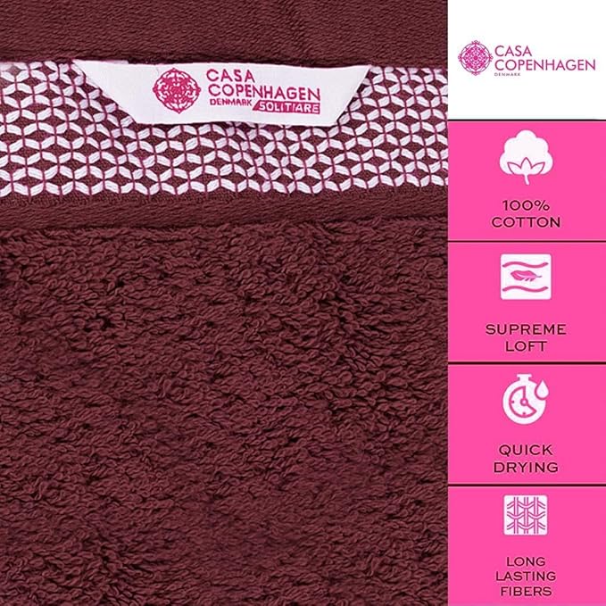 CASA COPENHAGEN Solitaire 6Pcs 100% Egyptian Cotton Large Designer Towels Gift Set- Maroon, 600GSM, 2Bath 2Hand 2Washcloths, Bath Towels for Bathroom (Box Pack, Gift Set for Women & Men)