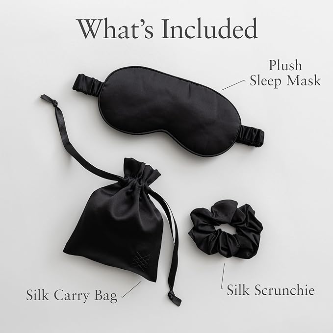 Zestt Organics Silk Sleep Mask Set, 100% Mulberry Silk Eye Mask for Women with Hair Scrunchie & Matching Carry Bag (Black)