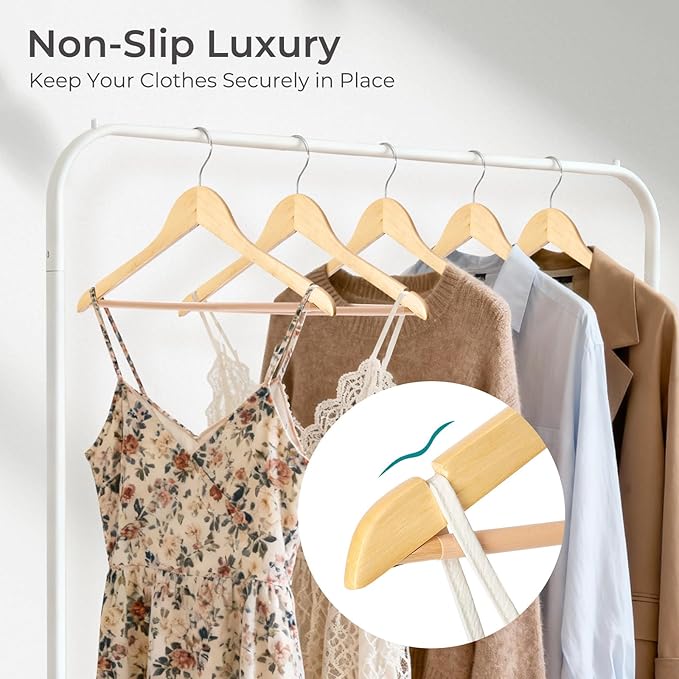 HOUSE DAY Premium Wooden Hangers 10 Pack - Heavy Duty & Durable Coat Hanger | Natural Wood Suit Hangers, 360° Swivel Hook & Pant Bar, Ideal for Jackets, Dresses, Shirts, Perfect for Closet Organization