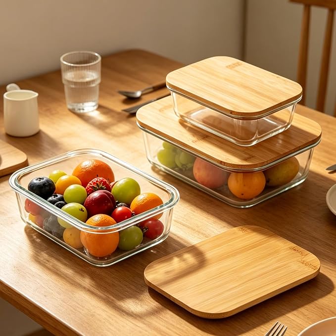 4 Pcs Glass Food Storage Containers with Lids, Meal Prep Containers Glass Set with Bamboo Lids, Silicone Seals, Rectangular Kitchen Set for Lunch, Fridge and Pantry