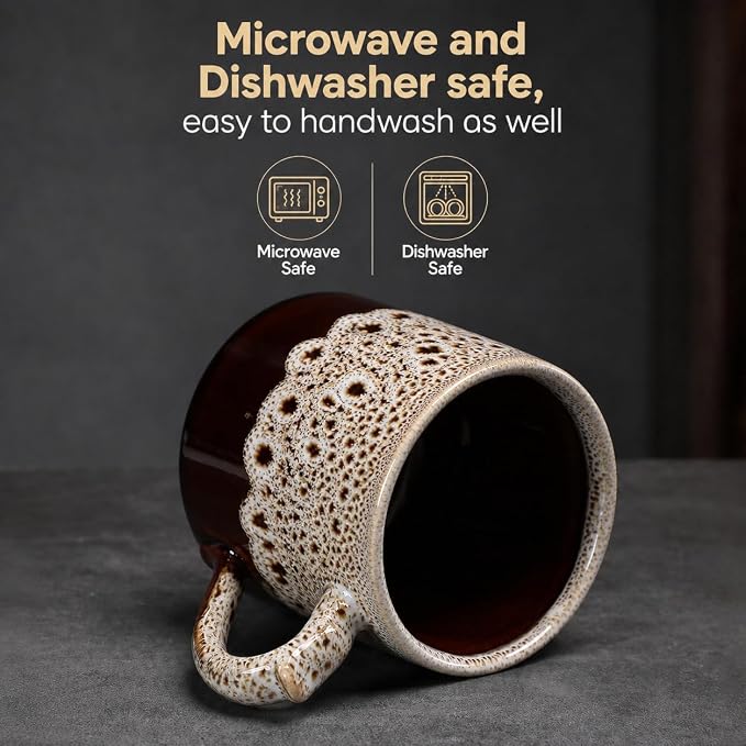 12oz Boho Style Leopard Pattern Reactive Glaze Ceramic Pottery Coffee Mug, Lead-Free Glaze Ceramic Tea Mug,Tea cup with handle, stoneware mugs, Microwave and Dishwasher Safe (White)