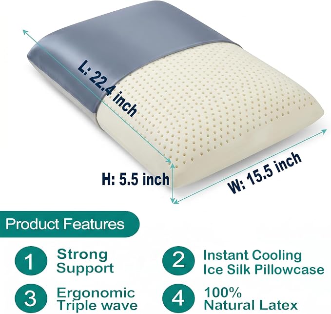 Firm Talalay Latex Pillow, Slim Design, Instant Cooling Ice Silk Pillowcase, OEKO-TEX Certified Supportive Bed Pillow for Neck Pain, Non-Flattening for Stomach Sleepers (Standard - 4.7" Low Profile)