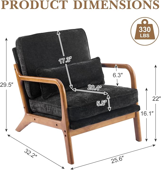 Karl home Mid-Century Modern Accent Reading Chair, Black | Chenille Upholstered, Solid Wood Frame, Soft Cushion, Lumbar Pillow, Lounge Armchair for Living Room, Bedroom, Balcony, Study