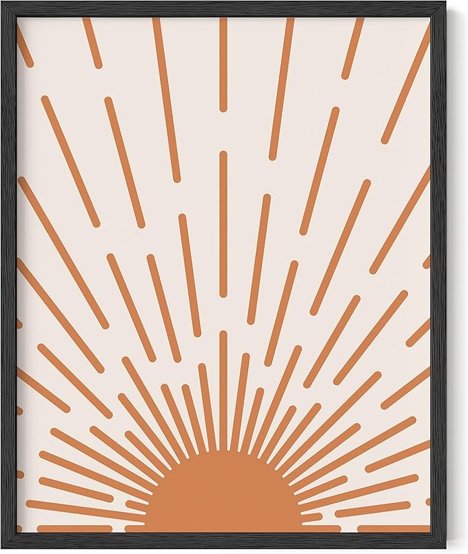 Minimalist Sunburst Wall Art Abstract Geometric Arch Earth Tones Terracotta Mid Century Modern 16x20 Inch Oak Wood Black Framed Boho Sunrise Print for Bedroom Living Room Decor