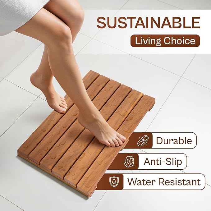 Wooden Shower Mat 13×20 in – Solid Acacia Wood Bath Mat, Non-Slip Feet, Slatted Fast-Drainage Design – Spa, Bathroom & Outdoor Use (Acacia)