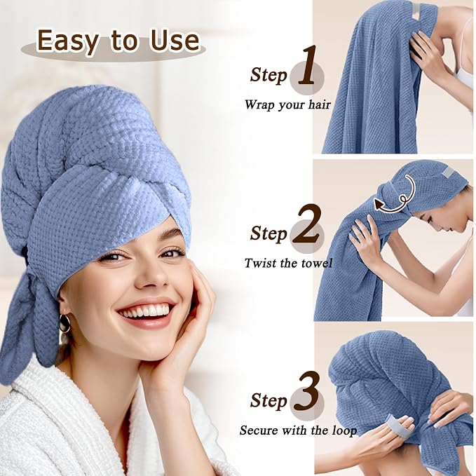 Large Hair Towel Wrap for Women, Quick-Dry Turban, Ultra Absorbent & Anti-Frizz, Ideal for Long, Thick & Curly Hair, Soft Lightweight Microfiber Drying Towel (24x42, Blue)