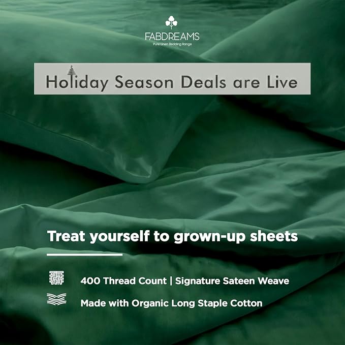 FABDREAMS 100% Organic Cotton Standard Queen Pillowcases | 400 Thread Count | Luxury Hotel Collection |GOTS Certified Long Staple Cotton|Smoother Than Egyptian Cotton|Set of 2-20" x 30"|Forest Green