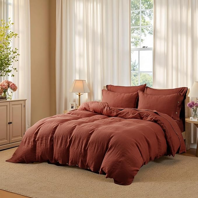 S VICTORY SYMBOL 100% Organic Linen Duvet Cover Set King Size 3pcs,Natural French Washed Flax Solid Color Soft Bedding(1 Duvet Cover and 2 Pillowcases) with Coconut Button Closure(Burgundy)