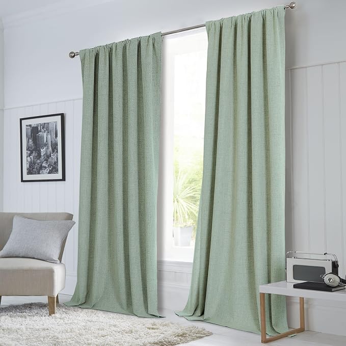 CUCRAF Linen 100% Blackout Curtains 108 Inch Length 2 Panels Set, Back Tab and Rod Pocket Curtain for Living Room Bedroom, Room Darkening Window Drapes Thermal Insulated, (52x108 inch, Sage Green)