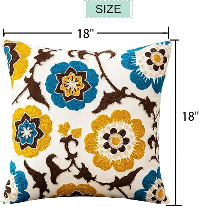Embroidered Throw Pillow Cover 18x18 Inch,Cotton Canvas Floral Pillow Case, Daisy Wildflower Leaf Boho Farmhouse Decorative Cushion Square for Sofa Bedroom Living Room Outdoor Couch Farmhouse (A002)