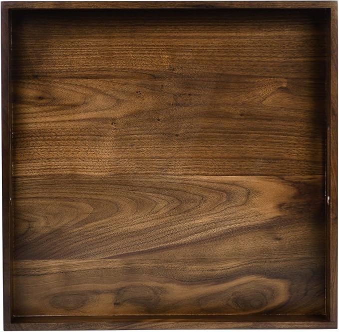16 x 16 inches Large Square Ottoman Tray Solid Black Walnut Table Platter Decorative Wooden Serving Tray with Handle for Oversized Ottoman Home Breakfast in Bed Tea Coffee