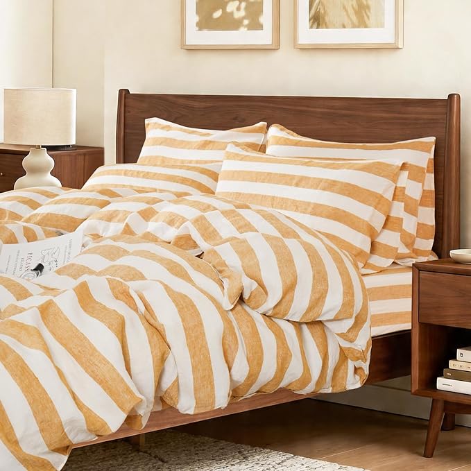 S VICTORY SYMBOL 100% Organic Linen Duvet Cover Set 3pcs,Yellow Stripe Yarn Dyed Pattern Farmhouse Bedding Set,French Natural Flax Comforter Cover Set King Size