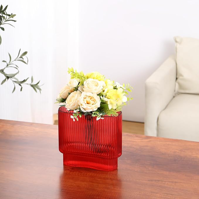 Ribbed Vase, Red Glass Vase for Flowers, Red Flower Vases for Tulips, Modern Vases for Living Room, Dining Table, Office, Bedroom, Mantle, Shelf, Wedding, 7 Inch
