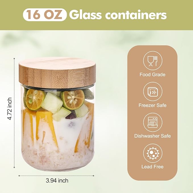 6-Pack 16oz Glass Storage Jars with Bamboo Lids – Airtight Wide Mouth Containers for Overnight Oats, Yogurt, Salad, Snacks & Pantry Storage-Reusable Glass Food Storage Containers