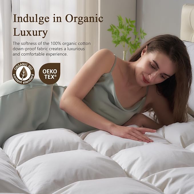 BPC Goose Feather Down Fiber Comforter California King - 100% Organic Cotton Cover, 750 FP Cloudy-Fluffy Duvet Insert for All-Season, White, 104x96 Inches