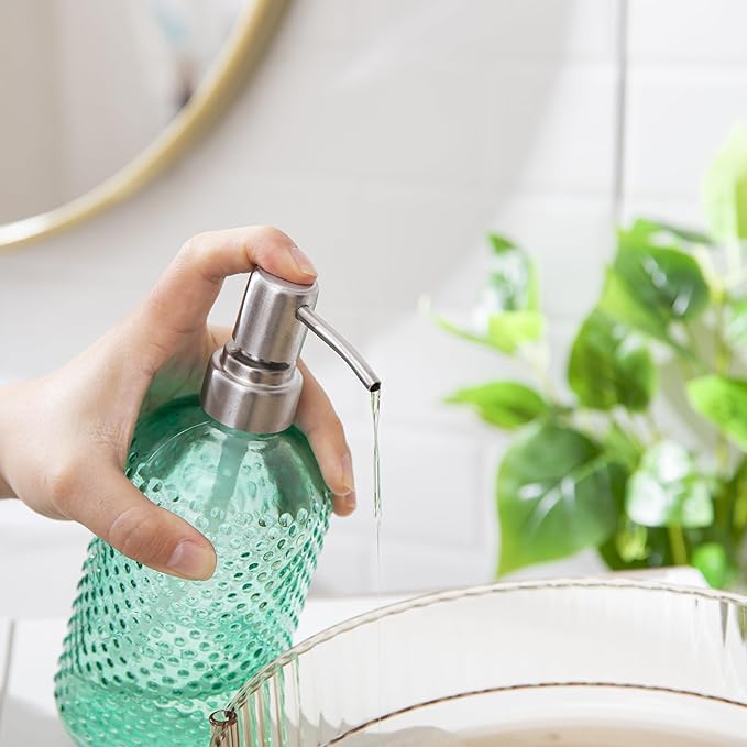 HBlife 2 Pack 16 Oz Glass Soap Dispenser with Stainless Steel Pump, Kitchen Bathroom Refillable Lotion Dispenser (Green)