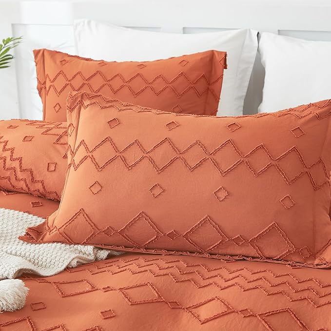 EMME Boho Duvet Cover Twin Size Pumpkin - 2 Pieces Soft & Breathable Tufted Boho Shabby Chic Embroidery Bedding Set for All Seasons, 1 Duvet Cover with 1 Pillow Shams & Zipper Closure (Pumpkin, Twin)