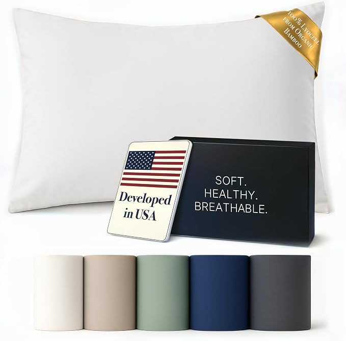 ettitude Pillowcase Set of 2-100% Lyocell from Organic Bamboo - Slip Pillow Cases Standard Size - Cooling & Soft Pillow Covers for Hot Sleepers with Envelope Closure - Bare White - 20x29 Inches | Cooling Sateen Pillowcases with Envelope Closure for Hot...