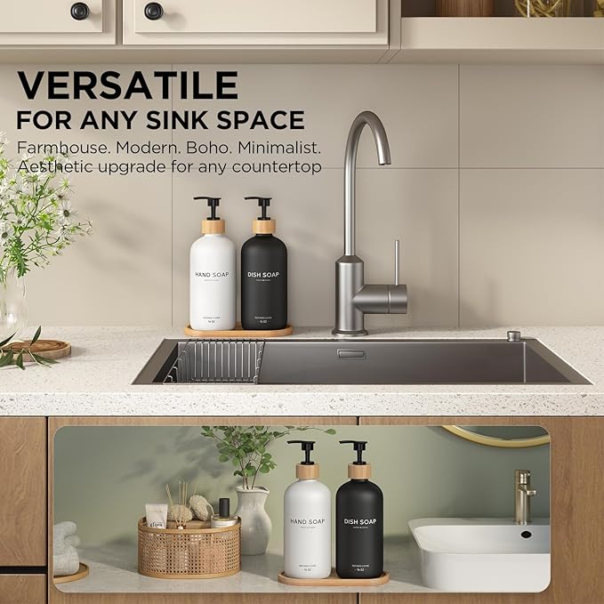 Hand and Dish Soap Dispenser Set,16oz Glass Bottles with Bamboo Pumps & Tray,Countertop Soap Dispensers for Kitchen,Luxury, Minimalist & Farmhouse Decor