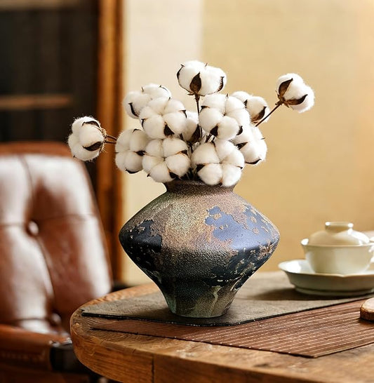 GeLive Rustic Brown Textured Ceramic Vase, 6.3-Inch Bulbous Wabi Sabi Boho Farmhouse Pottery, Distressed Vintage Accent Centerpiece for Dried & Fresh Flowers, Living Room Bedroom Office Home Decor
