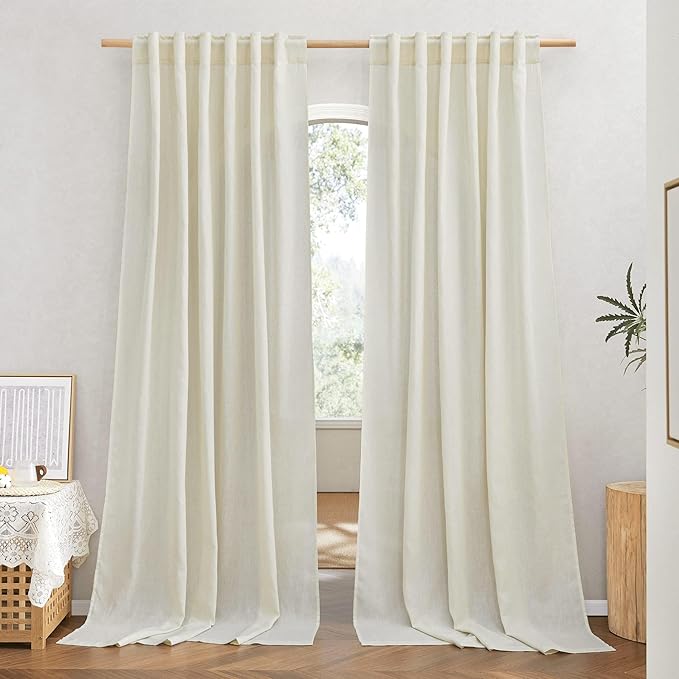NICETOWN Privacy Off White Linen Blend Curtains Extra Long 108" Long, Rustic Rod Pocket & Back Tab Elegant Boho-Chic Flax Semi Sheer Panels for Farmhouse/Bedroom, W55 x L108, 2 Panels