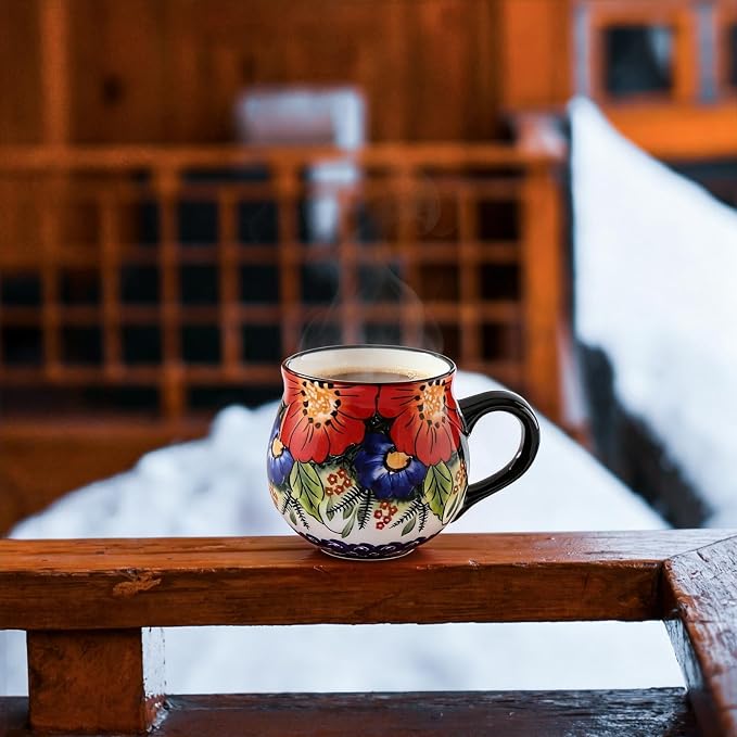 ALMA 12oz Handmade Floral Ceramic Coffee Cup | Microwave & Dishwasher Safe, For Home Office Cabinet Travel, Workspace Remote Workers & Girls