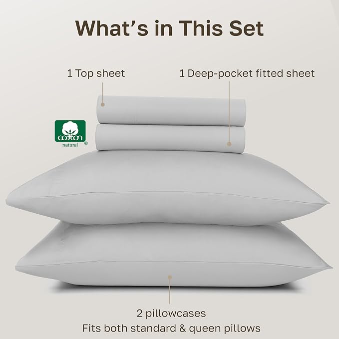 California Design Den 100% Egyptian Cotton Sheets Queen Size Set - Certified Authentic Luxury Queen Sheet Set, Soft Sateen, Breathable Bedding for Hot Sleepers - Light Grey