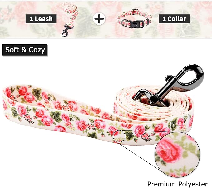 Ihoming Puppy Collar and Leash Set for Daily Outdoor Walking Running Training, Pink Flowers Design for Extra Small Boys Girls Dogs Cats Pets, XS-Up to 10LBS