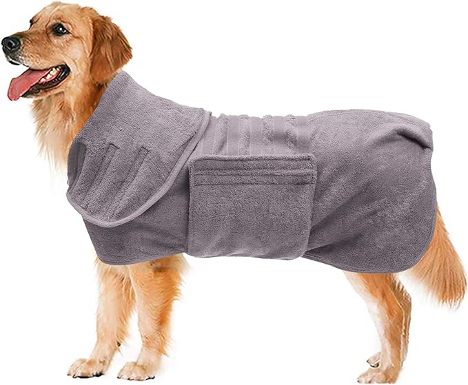 Geyecete Dog Drying Coat - Super Absorbent Dog Bath Robe - Microfibre Fast Drying Towel, Luxuriously Soft - Gray - M