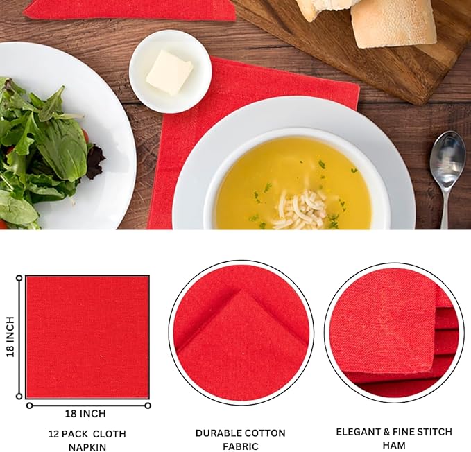 Cloth Napkins Red Cotton Cloth Napkin Set of 12 100% Cotton Textured Cloth Dinner Napkins 18"X18" Everyday Usage Cloth Napkins Over Sized with Mitered Corners Ultra Soft Durable