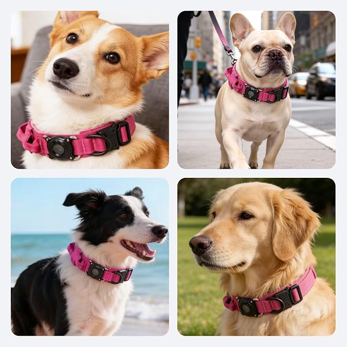 Upgraded AirTag Dog Collar,Waterproof Tactical Dog Collar with AirTag Holder, Control Handle and Metal Buckle,Heavy Duty Dog Collars for Large Dogs (Rose Red，L