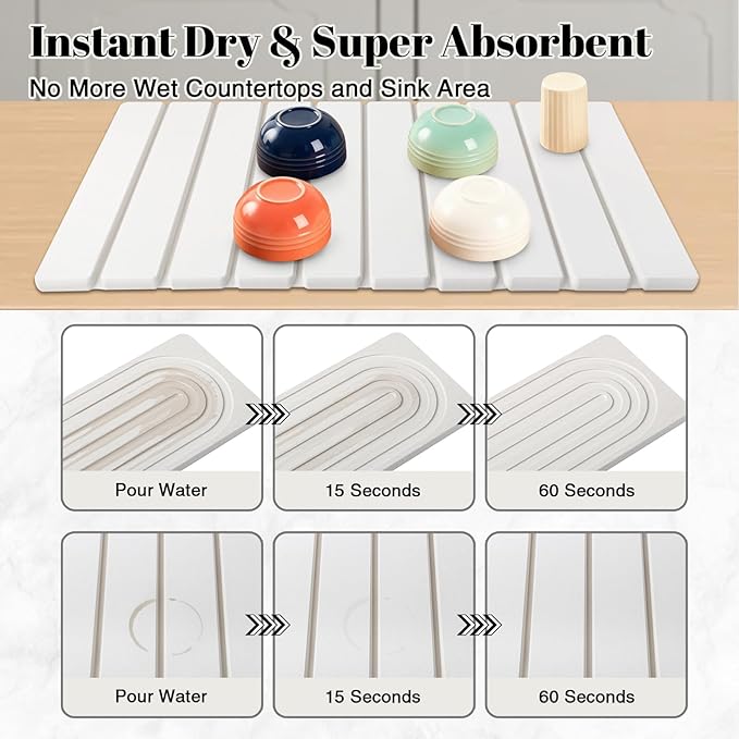 3PCS Set Large Stone Drying Mat for Kitchen Counter Foldable Collapsible Fast Drying Stone Dish Mat Water Absorbing Natural Diatomaceous Earth Bath Mat Quick Dry Stone Tray Bathroom Countertop, White