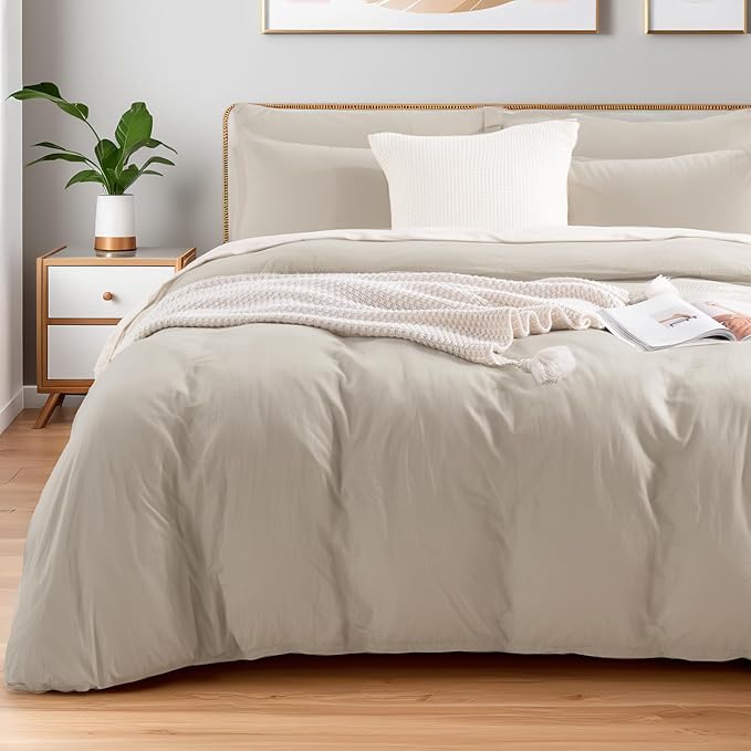 NEXHOME PRO 100% Washed Cotton Duvet Cover King Size, Ogranic Natural Linen Feel Breathable Bedding Set with Zipper Closure, 3 Pieces Duvet Cover Set Linen (No Comfortert) 10490